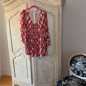 RHODE Red Long Sleeve Plunge Mini Dress with Ruffled Design